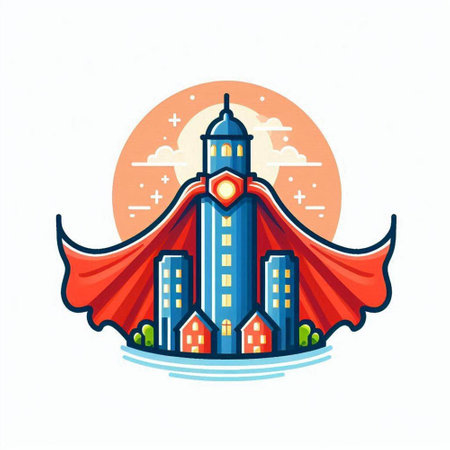 Luxury city building and red cape. Vector illustration in flat styleのイラスト素材