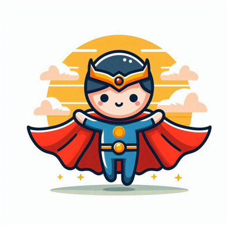 Superhero boy character vector illustration. Cute cartoon superhero boy.のイラスト素材