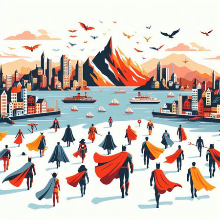 Superhero city. Cityscape with skyscrapers, mountains and flying birds. Vector illustration.のイラスト素材