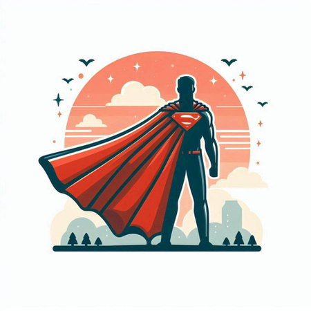 Superhero with red cape and heart in the sky. Vector illustration.のイラスト素材