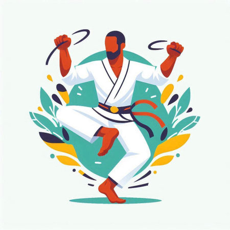 Taekwondo vector illustration. Man in kimono practicing karate.のイラスト素材