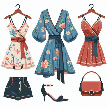 Set of women's clothes and accessories on a white background. Vector illustration.のイラスト素材