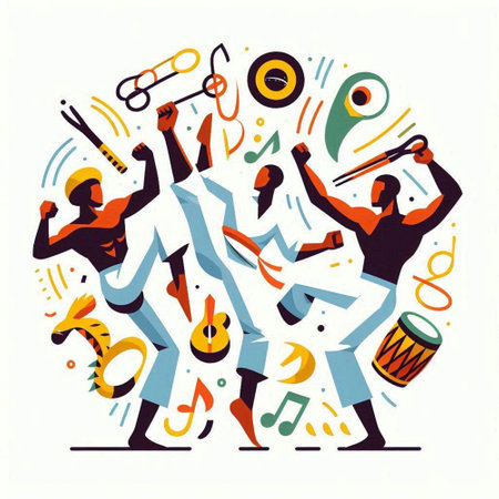 Vector illustration of a group of people dancing and playing musical instruments.のイラスト素材