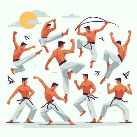 Taekwondo vector illustration set. Cartoon male character in sportswear doing kung fu exercise.のイラスト素材