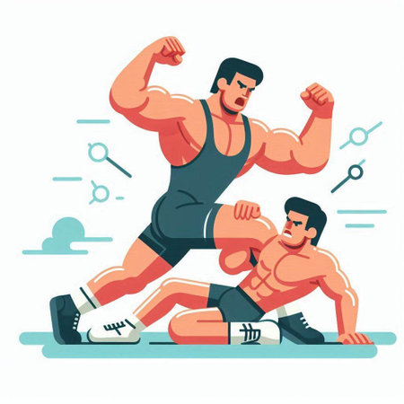 Two strong men in sportswear fighting. Vector illustration in flat styleのイラスト素材