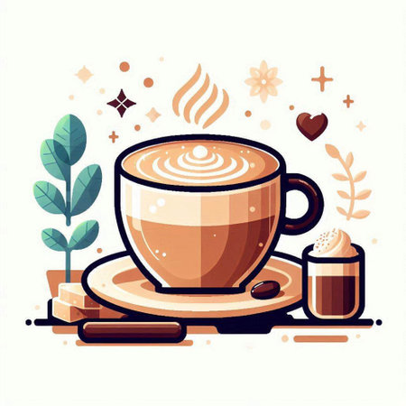 Coffee cup with latte art, flat vector illustration.のイラスト素材