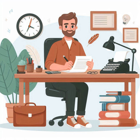 Businessman sitting at his desk and writing in his notebook. Vector illustrationのイラスト素材