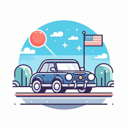 Car on the road with USA flag. Vector illustration in flat styleのイラスト素材