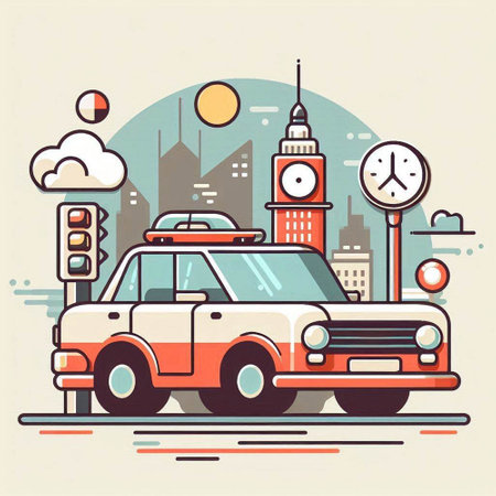 Taxi in the city. Vector illustration in flat linear style.のイラスト素材