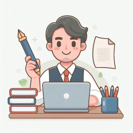 Businessman working at office with laptop and books. Vector illustration.のイラスト素材