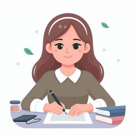 Young woman doing her homework. Girl sitting at the table and writing in a notebook. Vector illustrationのイラスト素材