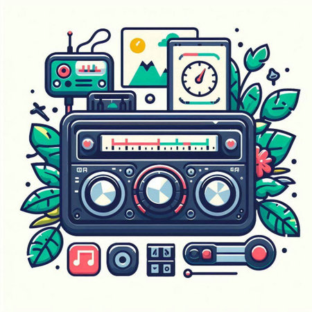 Vector illustration of retro radio set. Hand drawn design elements in doodle style.のイラスト素材