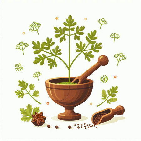 Mortar and pestle with herbs and spices. Vector illustration.のイラスト素材