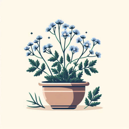 Flowerpot with blue wildflowers. Vector illustration in flat styleのイラスト素材