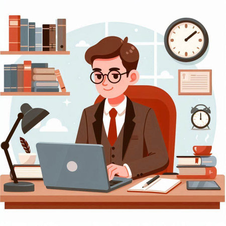 Businessman working with laptop in office. Vector illustration in flat styleのイラスト素材
