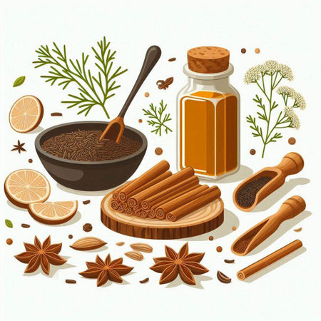 Spices and herbs. Aromatic ingredients for cooking. Vector illustration.のイラスト素材