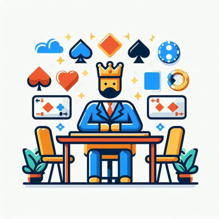 Casino concept in flat line design style. Vector illustration of a man sitting at the table with a cup of coffee and playing cards.のイラスト素材