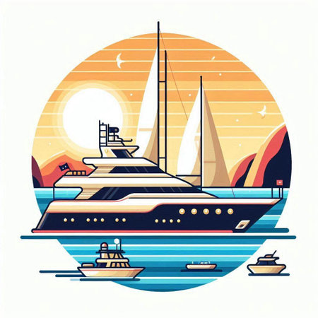 Yacht on the sea at sunset. Vector illustration in flat styleのイラスト素材