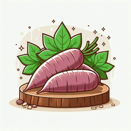 Illustration of sweet potato on a wooden stump. Vector illustration.のイラスト素材