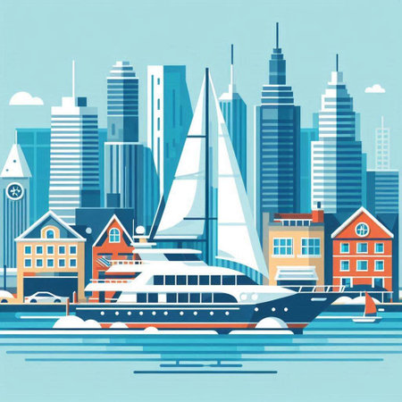Yacht in the city. Vector illustration in flat cartoon style.のイラスト素材