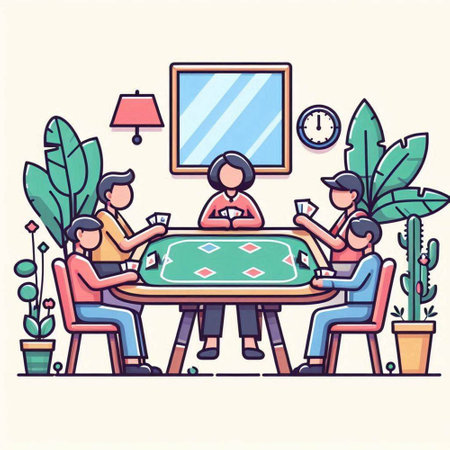 People playing poker at home vector illustration. Men and women sitting at table, playing cards, spending time together, spending leisure time together, spending time together.のイラスト素材