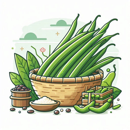 Green beans in a basket. Vector illustration of green beans in a basket.のイラスト素材