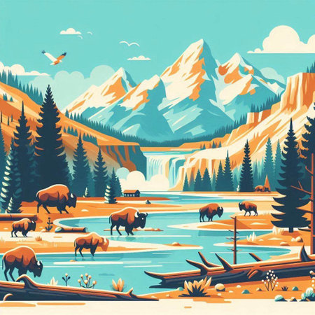 Mountain landscape with waterfalls and grazing bison. Vector illustrationのイラスト素材