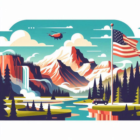 Mountains, lake, trees and boat with flag. Vector illustrationのイラスト素材