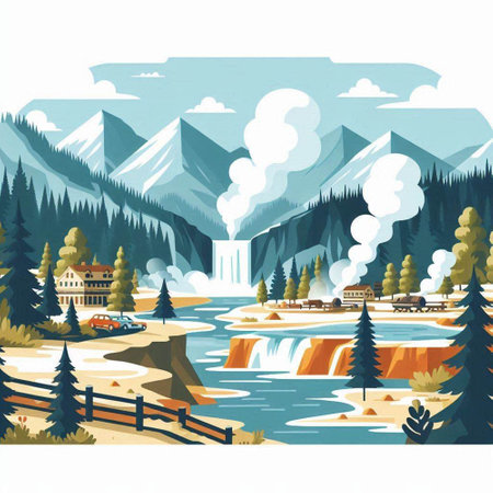 Winter landscape with mountains, lake and forest. Vector illustration for your designのイラスト素材