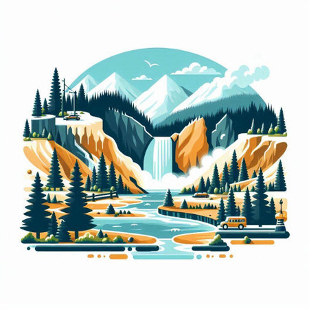 Mountain landscape with river, forest and mountains. Vector illustration.のイラスト素材
