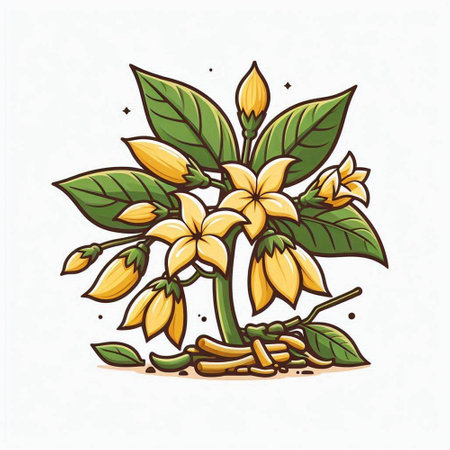 Cocoa tree with fruits and leaves. Hand drawn vector illustration.のイラスト素材