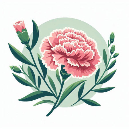 Carnation flowers with green leaves, hand drawn vector illustration.のイラスト素材