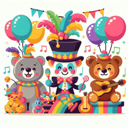 Cute cartoon animals with musical notes and balloons. Vector illustration.のイラスト素材
