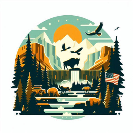 Mountains, river, forest and wild animals. Vector illustration.のイラスト素材