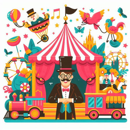 Amusement park vector flat illustration. Funny clown, circus carousel, carnival train, clown, bird, circus tent. Circus carnival entertainment concept.のイラスト素材