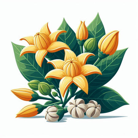 Illustration of a beautiful yellow lily flower with green leaves.のイラスト素材