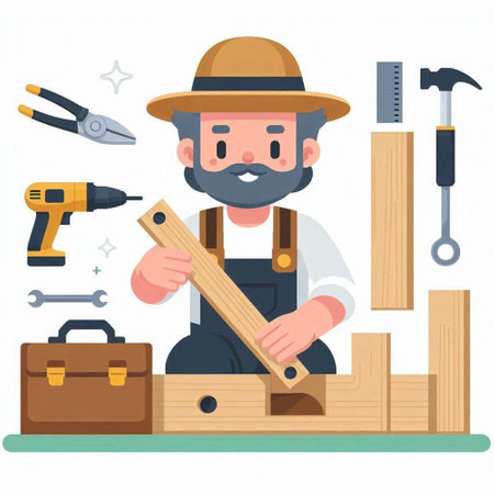 Carpenter working with tools. Vector illustration in cartoon style.のイラスト素材