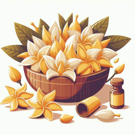 Illustration of a wooden bowl full of tropical flowers and essential oil.のイラスト素材