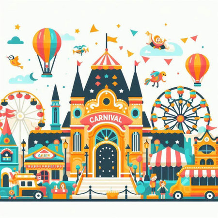 Amusement park with rides and attractions. Vector illustration in flat styleのイラスト素材
