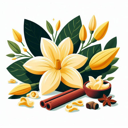 Cinnamon sticks, star anise and yellow flowers. Vector illustration.のイラスト素材