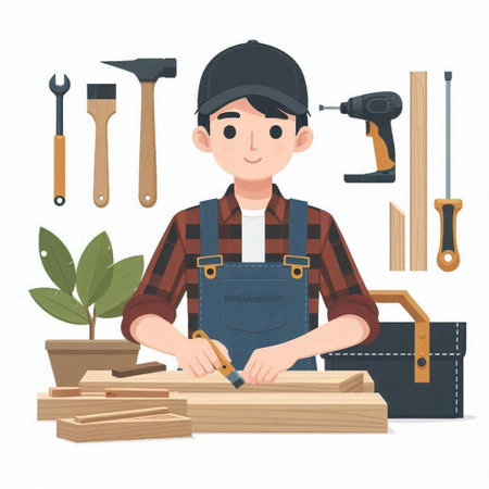 Carpenter working with tools. Vector illustration in cartoon style.のイラスト素材