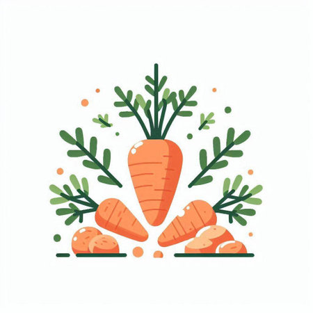 Carrot with leaves and berries. Vector illustration in flat style.のイラスト素材