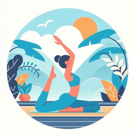 Woman practicing yoga on the beach. Vector illustration in flat style.のイラスト素材