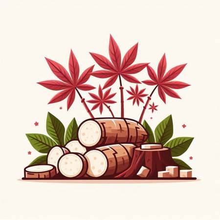 Illustration of cassava root with leaves and tree stump. Vector illustration.のイラスト素材