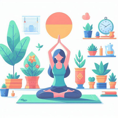 Yoga at home. Girl in lotus position. Vector illustrationのイラスト素材