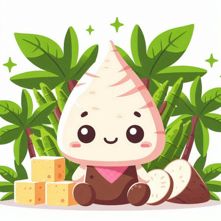 Illustration of a Cute Sweet Potato Character in a Tropical Jungle Settingのイラスト素材