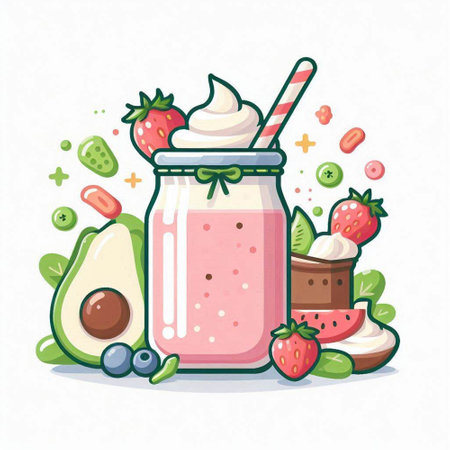 Healthy smoothie in glass jar with ingredients. Vector illustration.のイラスト素材