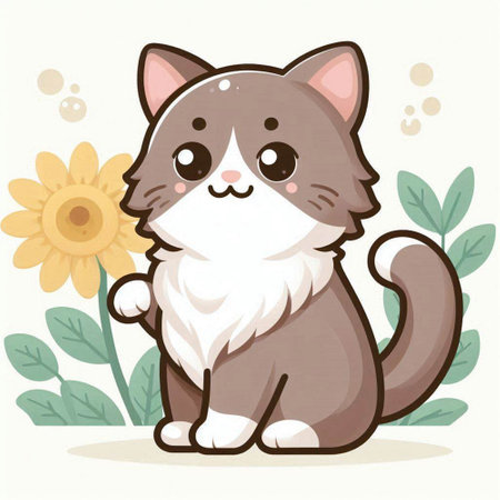 Cute cat sitting with sunflowers and leaves. Vector illustration.のイラスト素材