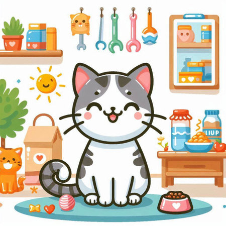 Cute cat in the kitchen. Vector illustration of a cat.のイラスト素材