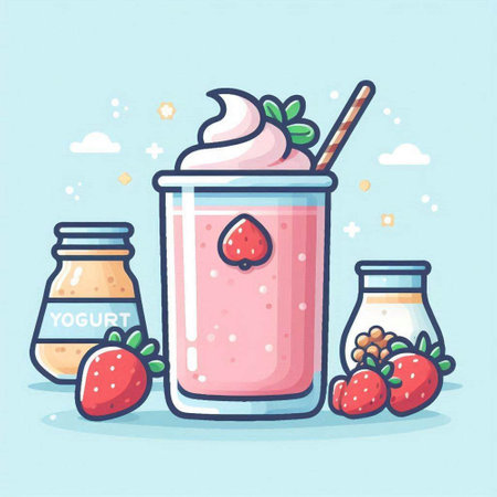 Strawberry milkshake in a glass with ingredients. Vector illustration.のイラスト素材